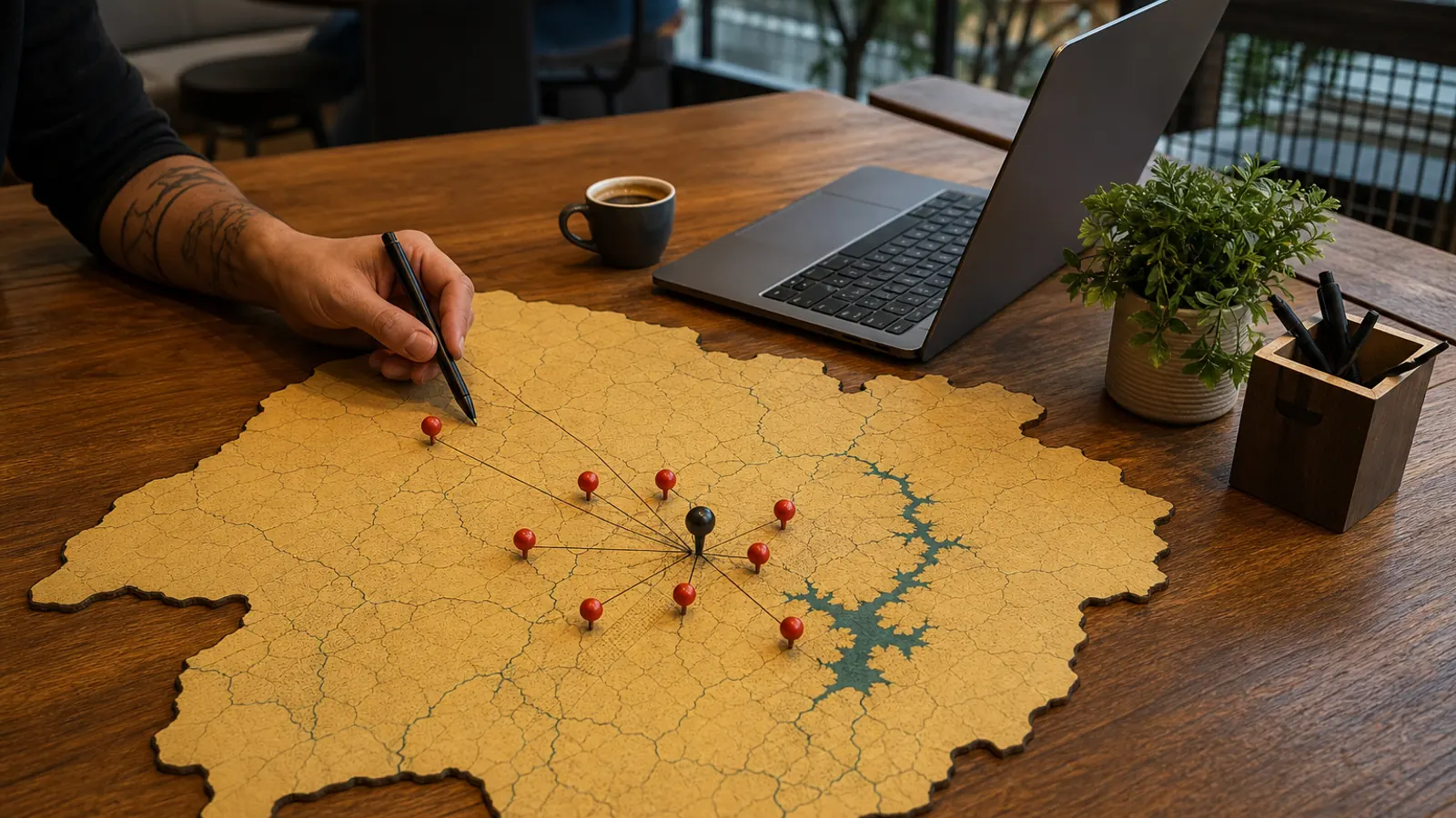 Mapa estilizado de Minas Gerais com pontos de coworking em Belo Horizonte e região metropolitana