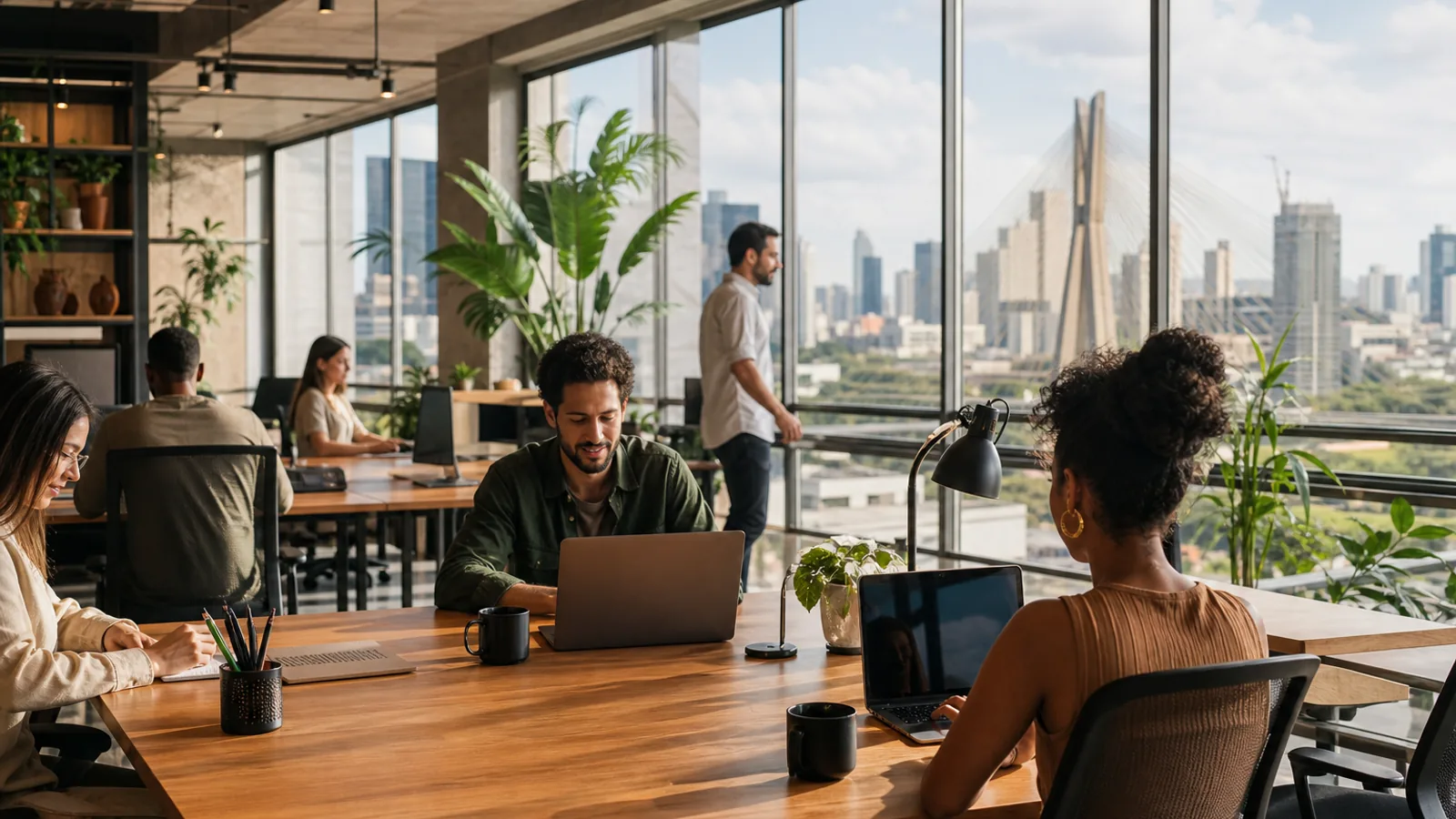 Espaço de coworking moderno e cheio com skyline urbano ao fundo, simbolizando crescimento do setor