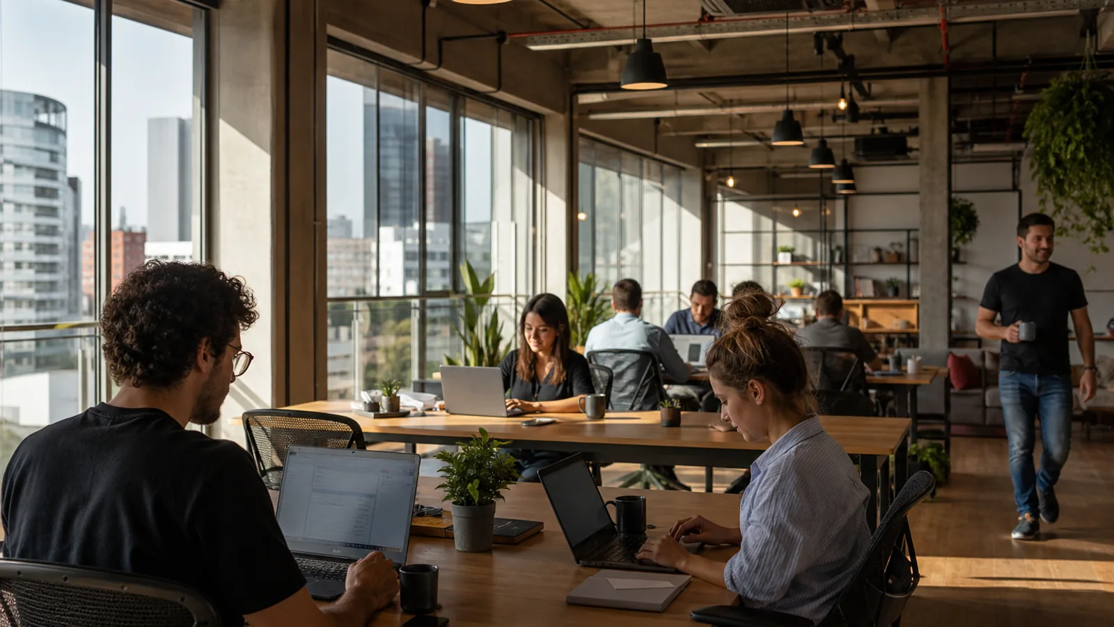 Profissionais em coworking moderno e iluminado com ambiente típico de cidade do Sul do Brasil
