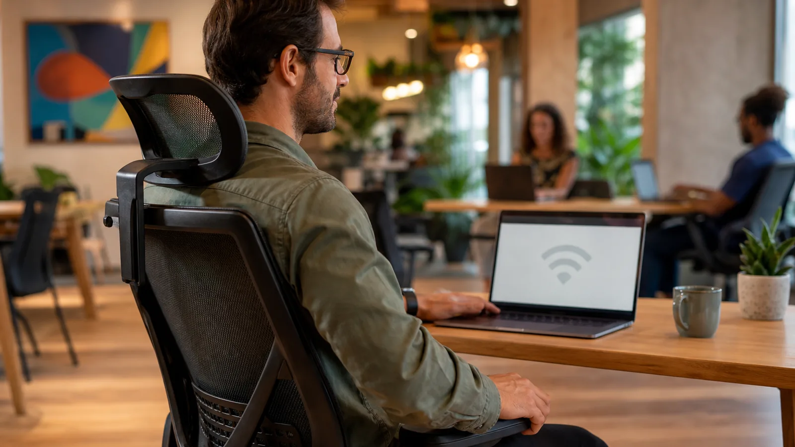 Profissional testando cadeira ergonômica em mesa de coworking com notebook aberto medindo a internet