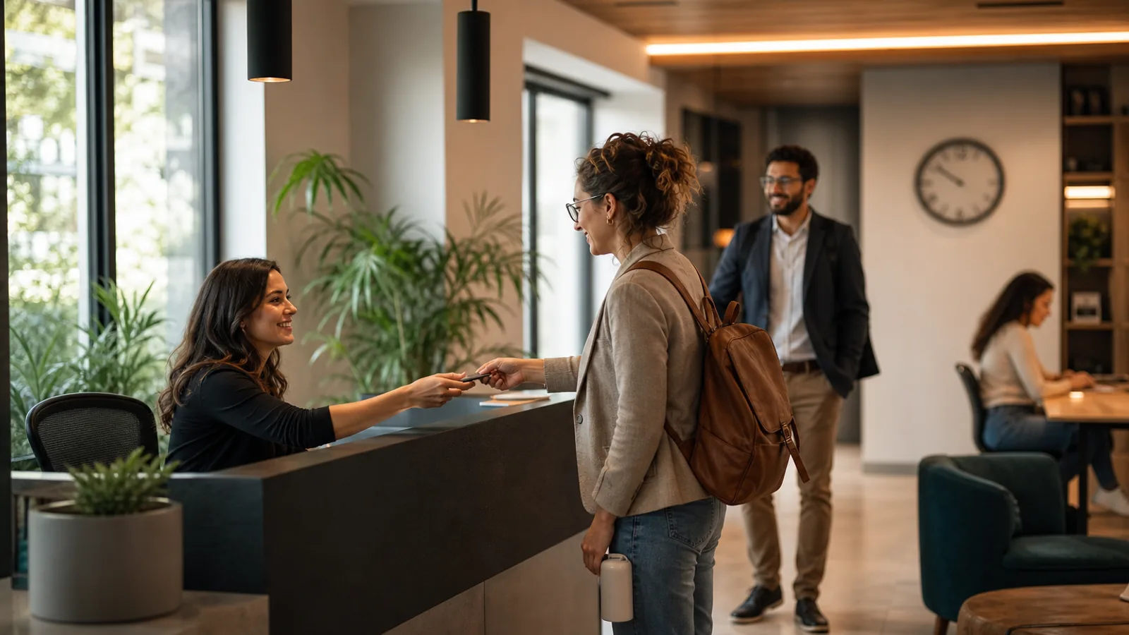 Recepção de coworking no início da manhã com profissionais chegando para o horário estendido