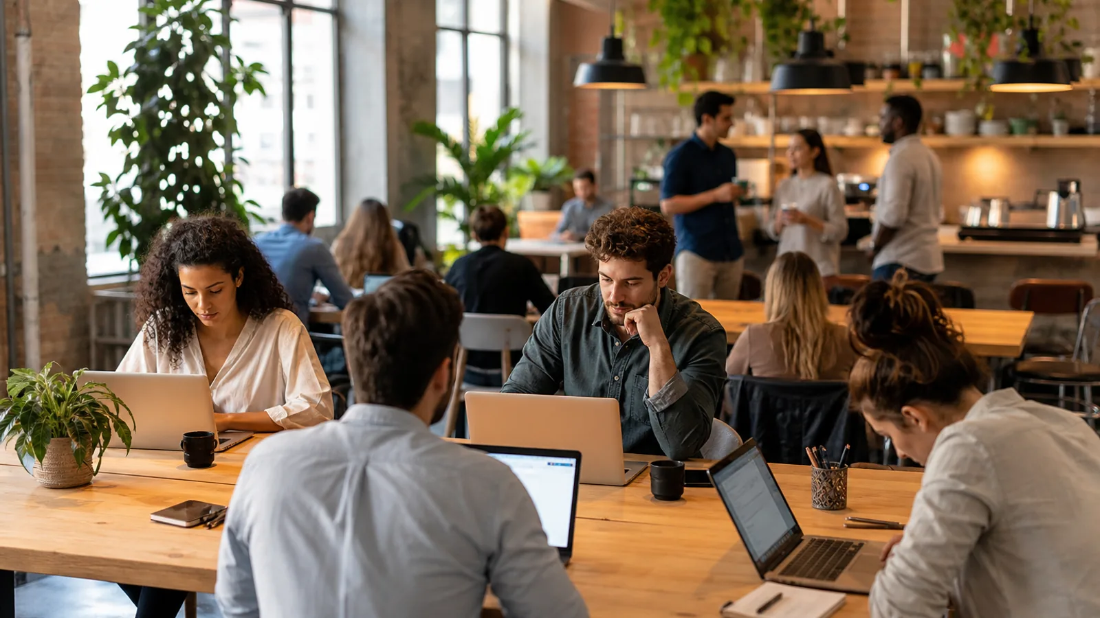 Profissionais trabalhando em mesas compartilhadas de um coworking amplo, com luz natural e plantas