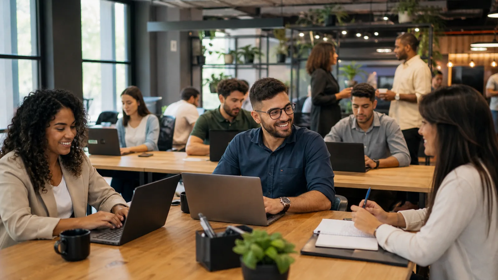 Profissionais de finanças, vendas e tecnologia trabalhando em mesas compartilhadas de coworking