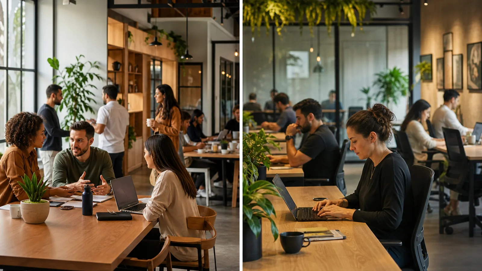 Coworking movimentado com profissionais em reunião e em estações de trabalho ao longo da semana