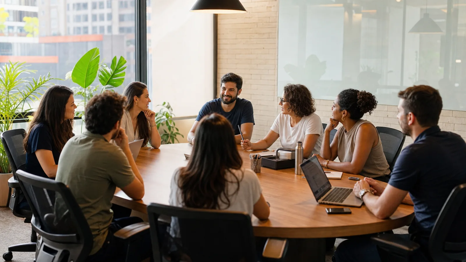 Sala de reunião de coworking com mesa oval para oito pessoas, cadeiras ergonômicas e quadro branco