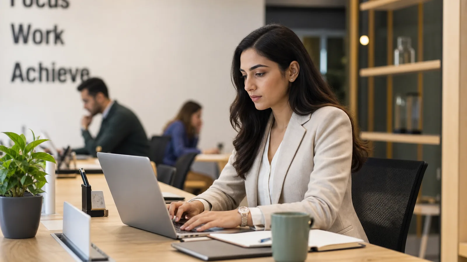 Profissional trabalhando com notebook em mesa de coworking, ambiente moderno e humanizado