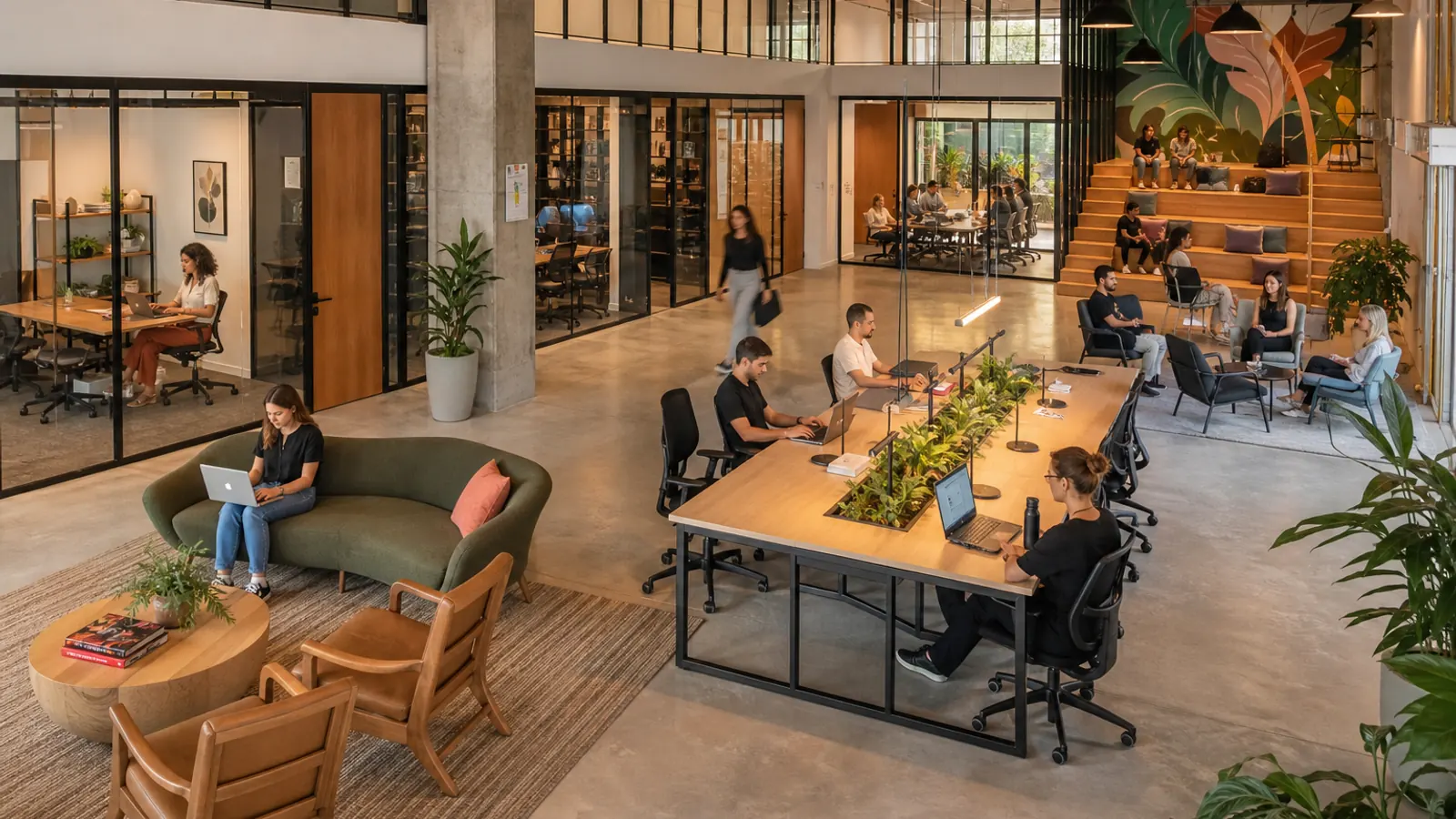 Planta ilustrada de coworking dividida entre salas privativas, salas de reunião, área compartilhada e eventos