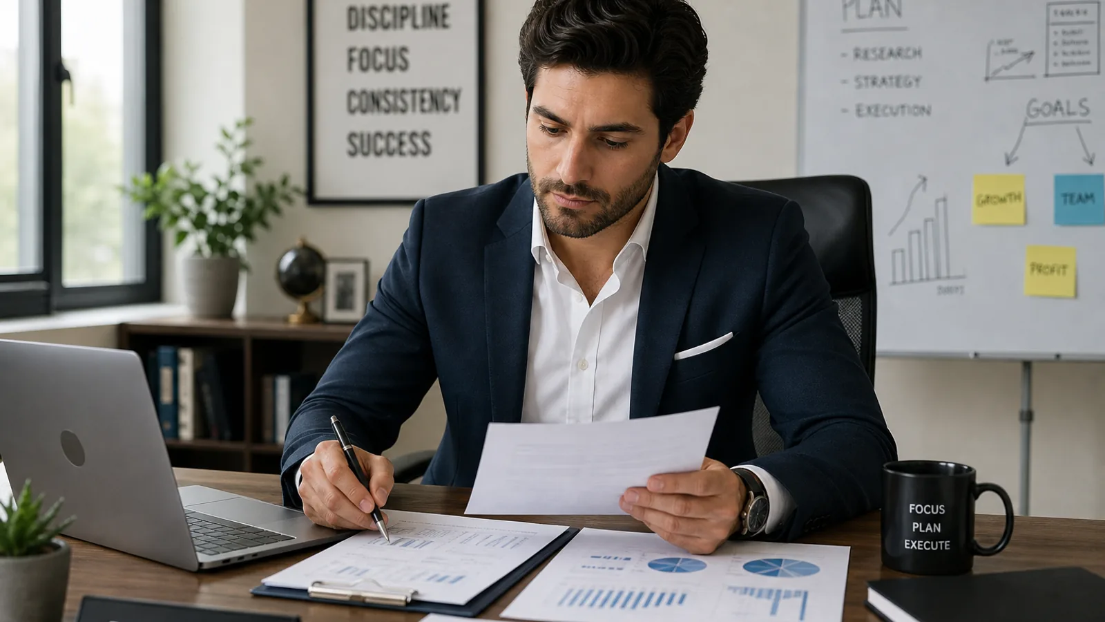 Empreendedor revisando documentos em escritório corporativo, ambiente profissional e organizado