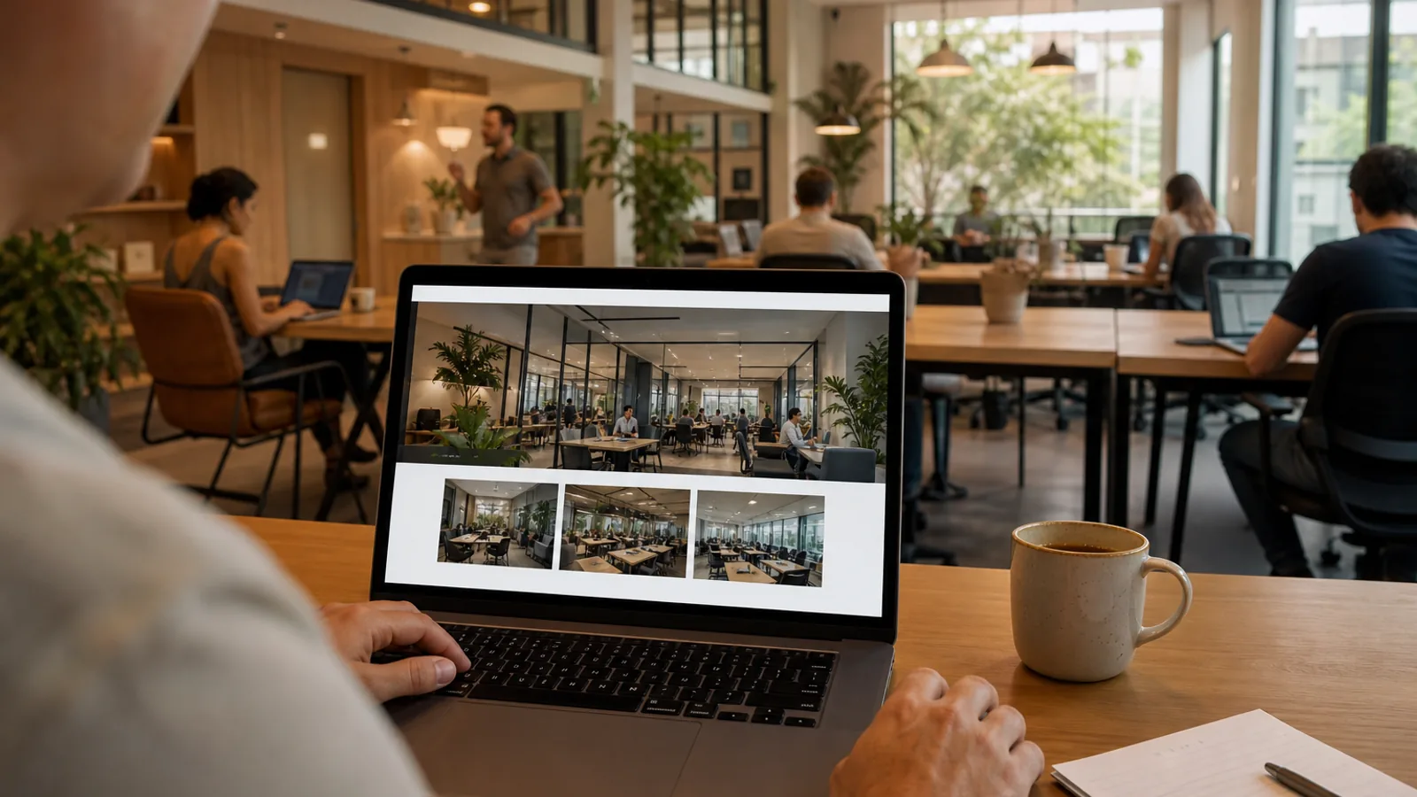 Tela de site de coworking com fotos profissionais ao lado da visita real ao mesmo ambiente
