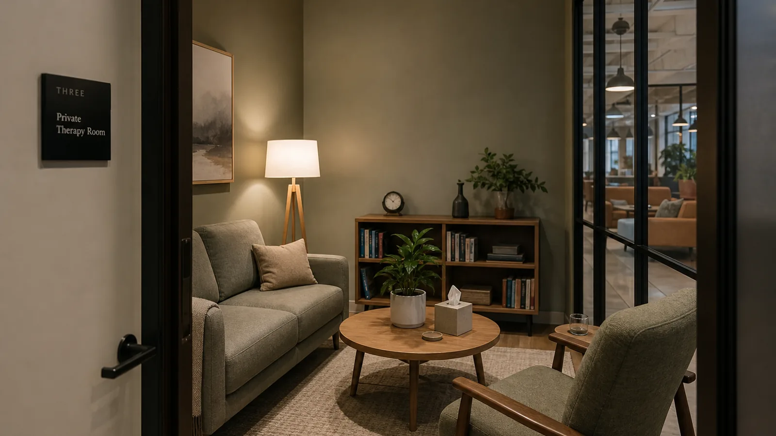 Sala privativa acolhedora em coworking, com poltronas confortáveis para atendimento presencial