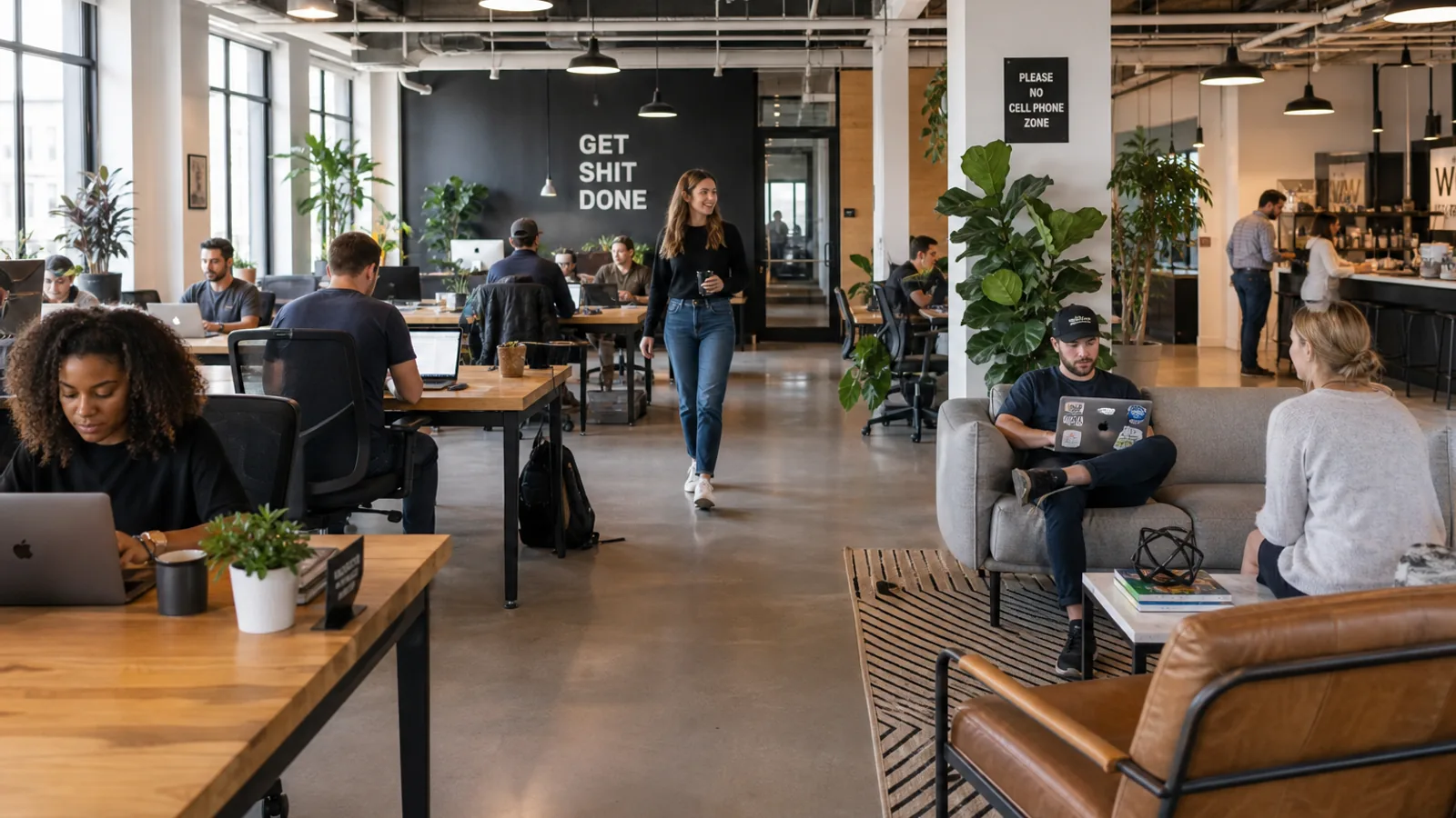 Profissionais conversando e trabalhando em coworking compartilhado com mesas amplas e luz natural