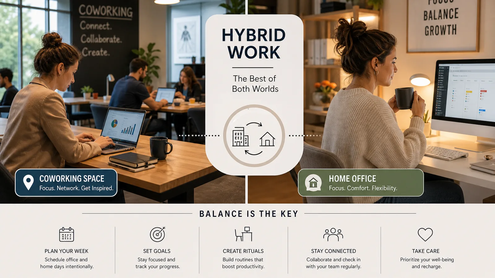 Profissional em mesa de coworking com outras pessoas ao fundo, ambiente colaborativo e iluminado